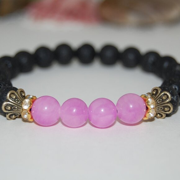 Lava Bracelet,Lava and Pink Stone Bracelet,Black and Pink Bracelet - Picture 2 of 2